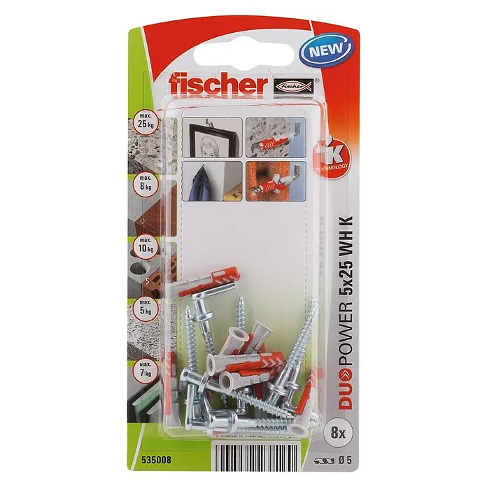 Fischer Duopower Juego de clavijas WH K - Diámetro taco: 5 mm, Longitud taco: 25 mm, Alcayata, 8 ud. - Un paquete de tacos Fischer DuoPower 5x25 WH K, que contiene tornillos y tacos para fijaciones seguras en diversos materiales.