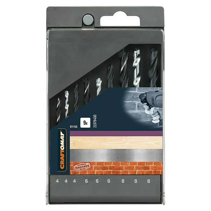 Craftomat Bohrer-Set für Holz, Stein und Metall - Durchmesser Bohrer: 8 mm - 9-teiliges Craftomat Bohrerset in einer transparenten Verpackung, ideal für verschiedene Bohranwendungen.