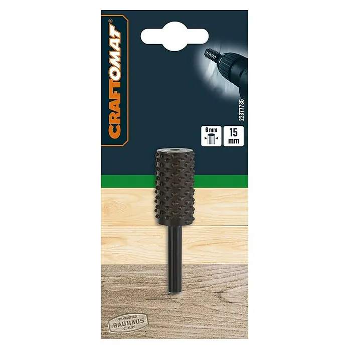 Craftomat Raspel - Zylindrisch, Durchmesser: 15 mm - Abbildung eines Craftomat Holzraspelfräsers mit 6 mm Schaft und 15 mm Durchmesser zur Holzbearbeitung mit Bohrmaschinen.