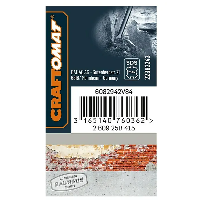 Craftomat Cincel plano - Largo: 280 mm, SDS Max - Primer plano del embalaje de un producto para un cincel CRAFTOMAT® con conexión SDS-max y garantía de calidad Bauhaus.