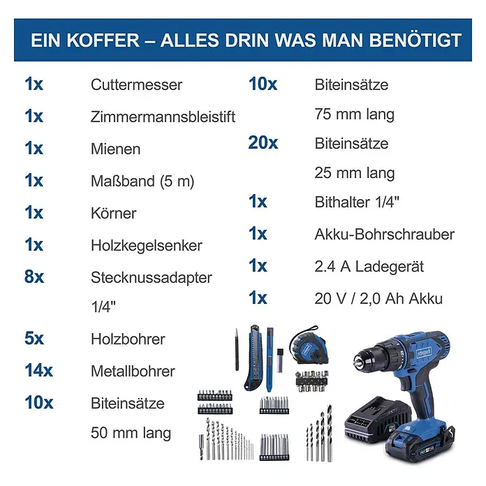 Scheppach IXES 20V Akku-Bohrschrauber-Set C-DTB74/1-X - 20 V, 1 Akku, 2 Ah, 50 Nm, 74-tlg. Zubehör-Set - Werkzeugkoffer mit Cuttermesser, Zimmermannsbleistift, Maßband, Bits, Bohrer und Akku-Bohrschrauber für Heimwerker und Profis.