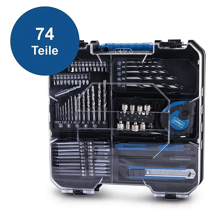 Scheppach IXES 20V Akku-Bohrschrauber-Set C-DTB74/1-X - 20 V, 1 Akku, 2 Ah, 50 Nm, 74-tlg. Zubehör-Set - Produktabbildung eines 74-teiligen Werkzeugsatzes in einem transparenten, schwarzen Kunststoffkoffer.