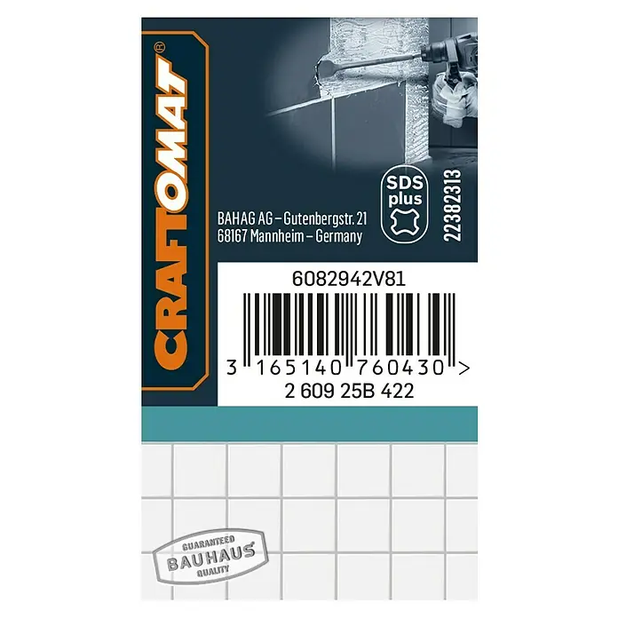 Craftomat Cincel para azulejos SDS-Plus - Ancho: 40 mm, Largo: 250 mm - Embalaje del producto CRAFTOMAT con código de barras, símbolo SDS Plus, garantía de calidad Bauhaus e información de contacto.