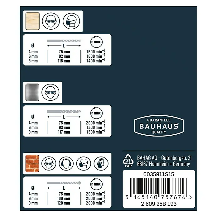 Craftomat Set de brocas para madera, piedra y metal - Diámetro de la broca: 8 mm - Detalles del producto: Información sobre diámetros de broca, longitudes y velocidades máximas para madera, metal y mampostería.