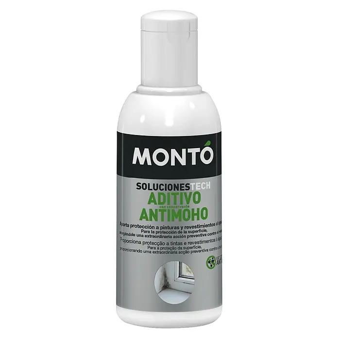 Montó Bricolovers Aditivo antimoho Conservante - 200 ml - Imagen del producto de una botella de MONTO Aditivo Antimoho, una protección para pinturas y revestimientos, para proteger las superficies contra la humedad y el moho.