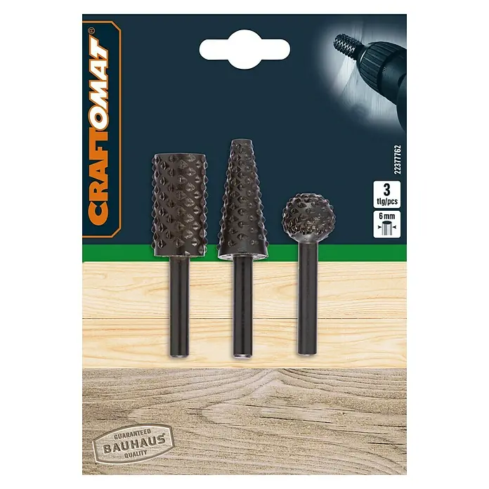 Craftomat Raspel-Set - 3 -tlg., Kegel - Produktabbildung von Craftomat Raspel-Fräser-Set, 3-teilig, für feine Holzbearbeitung. Ideal für Modellbau und Restaurierungsarbeiten.