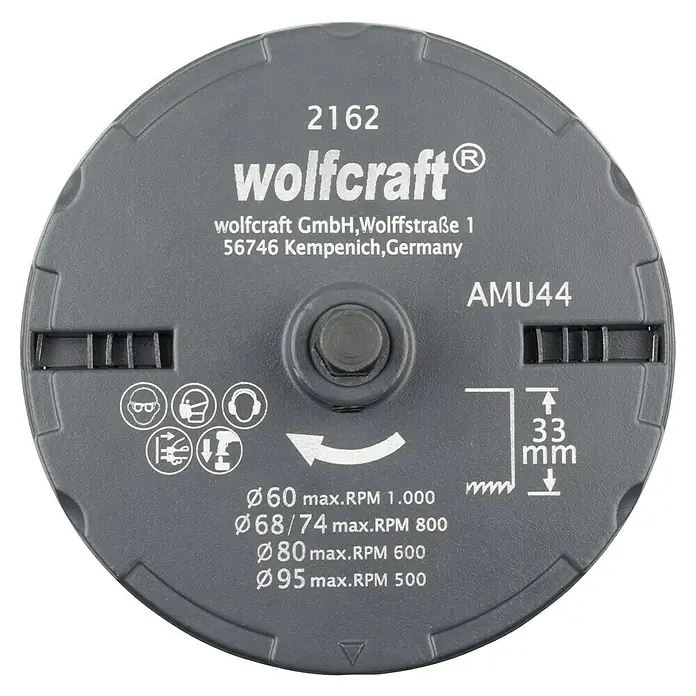 Wolfcraft Mehrkranzlochsäge - 5 -tlg., Arbeitsdurchmesser: 60 mm - 95 mm, Schnitttiefe: 33 mm - Wolfcraft AMU44 Schleifscheibe, mit Angaben zur maximalen Drehzahl für verschiedene Durchmesser.