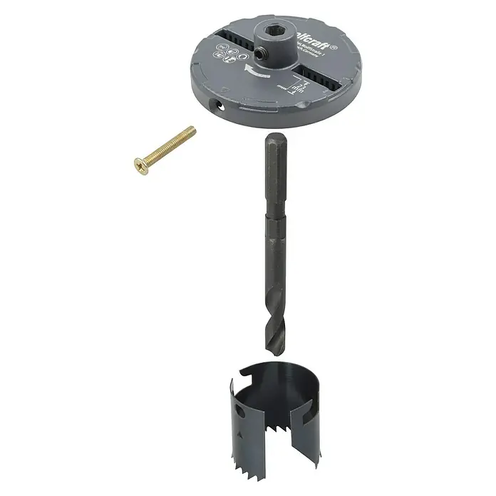 Wolfcraft Mehrkranzlochsäge - 5 -tlg., Arbeitsdurchmesser: 60 mm - 95 mm, Schnitttiefe: 33 mm - Bohrkronen-Set von Wolfcraft mit Zentrierbohrer, Tellerkopf und Stellschraube für präzise und saubere Bohrlöcher in verschiedenen Materialien.