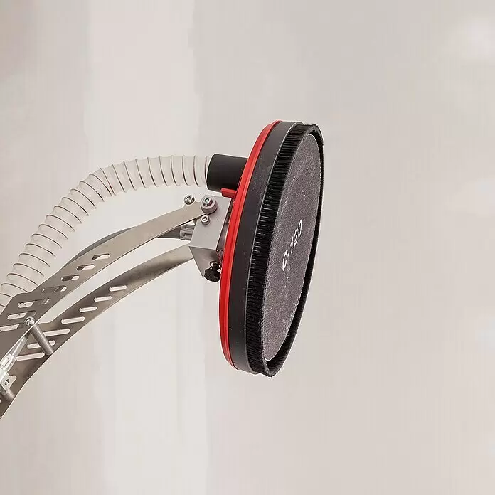 Wolfcraft Disco de lijado - Diámetro: 225 mm, Grano: 220 mm - Lijadora de pared con cabezal redondo, cepillo negro, carcasa roja y manguera de extracción transparente en un brazo metálico.