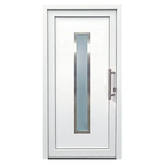 Panto Haustür Elbe K 016 - 110 x 210 cm, DIN Anschlag: Rechts, Weiß - Elegante weiße Tür mit einem zentralen, rechteckigen Glaseinsatz, umrahmt von einem schmalen Metallrahmen und einem modernen Griff.