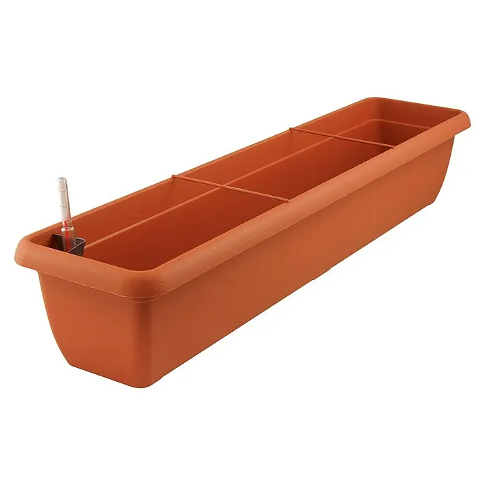 Geli Bewässerungsbalkonkasten Aqua Andalucia - Max. Außenlänge: 100 cm, Terracotta - Länglicher, brauner Pflanzkasten mit Unterteilungen und einem Thermometer zur Temperaturmessung des Bodens.