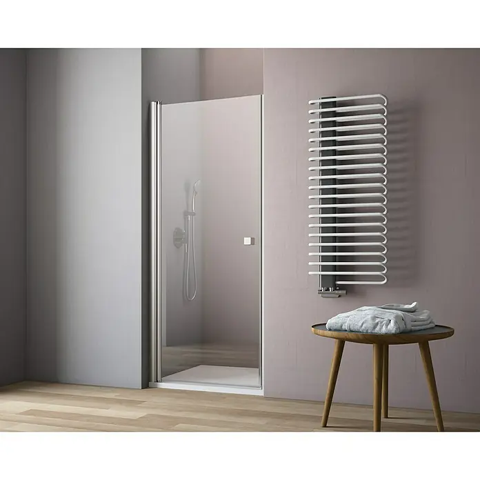 GEO Hit Nischendusche B-N100 - 90 x 202,2 cm, Beschichtet, Silber, 6 mm - Bild einer modernen Badezimmerausstattung mit Duschkabine und Handtuchwärmer, die ein elegantes und minimalistisches Design zeigt.