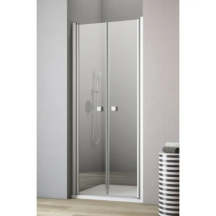 GEO Hit Nischendusche B-N110 - 100 x 202,2 cm, Unbeschichtet, Silber, 6 mm - Bild einer modernen Duschkabine mit klappbaren Glastüren und Chromrahmen. Ideal für kleine Badezimmer.