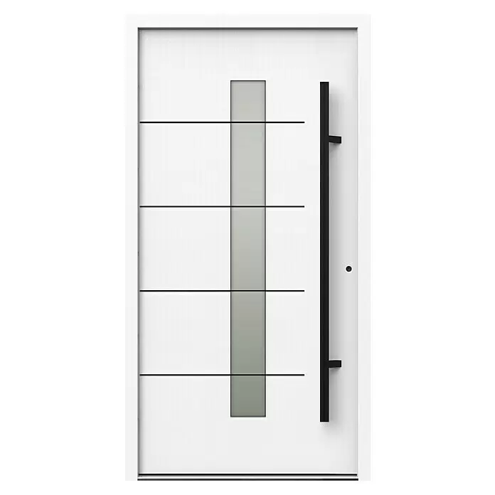 Gerda Haustür Thermo Prime 75 Ulm - 110 x 210 cm, DIN Anschlag: Rechts, Weiß, Schwarze Details - Moderne weiße Eingangstür mit vertikaler grauer Glasplatte und langem schwarzem Stangengriff.