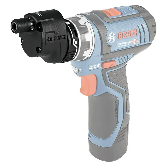 Bosch Professional Accesorio excéntrico GFA 12-E - Específico para: Atornillador de batería Bosch Professional GSR 12V-15 - Imagen de un taladro/atornillador inalámbrico Bosch GSR 12V-15 FC con adaptador angular. Herramienta compacta y versátil para atornillados precisos.
