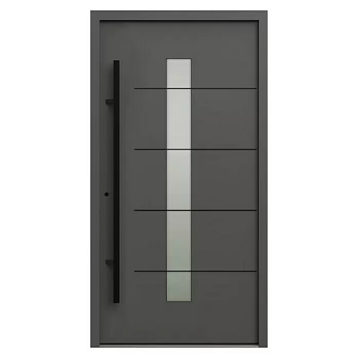 Gerda Haustür Thermo Prime 75 Ulm - 110 x 210 cm, DIN Anschlag: Links, Anthrazitgrau, Schwarze Details - Moderne graue Eingangstür mit hohem Milchglaspanel, horizontalen schwarzen Zierleisten und schwarzem Stangengriff.
