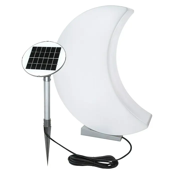 8 Seasons Design Shining LED-Solar-Dekoleuchte Moon - Weiß, L x B x H: 15 x 40 x 60 cm - Eine weiße Mondlampe mit Solarpanel, die auf einem silbernen Stiel befestigt ist, ideal für den Garten.