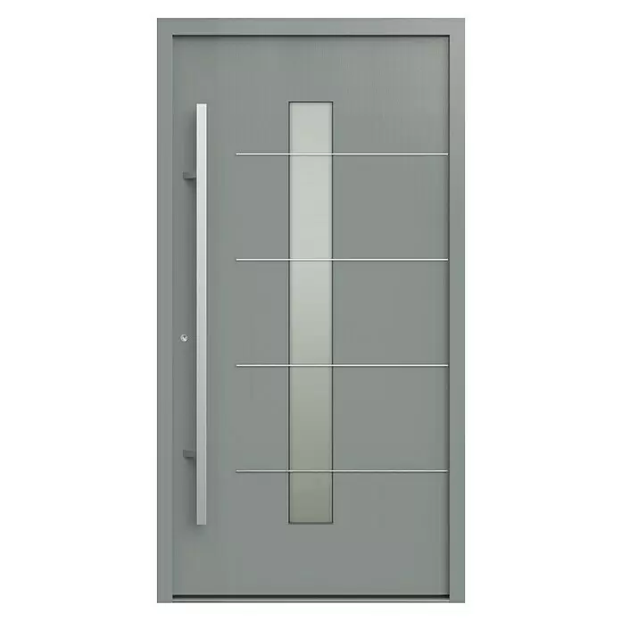 Gerda Haustür Thermo Prime 75 Ulm - 110 x 210 cm, DIN Anschlag: Links, Grau, Details in Edelstahl - Moderne graue Eingangstür mit vertikaler Glasscheibe, horizontalen Metallakzenten und langem Silbergriff.