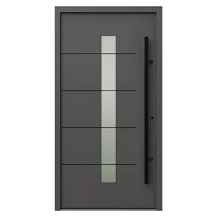 Gerda Haustür Thermo Prime 75 Ulm - 110 x 210 cm, DIN Anschlag: Rechts, Anthrazitgrau, Schwarze Details - Moderne dunkelgraue Tür mit vertikalem Milchglasstreifen, schwarzen Querlinien und langem schwarzem Griff.