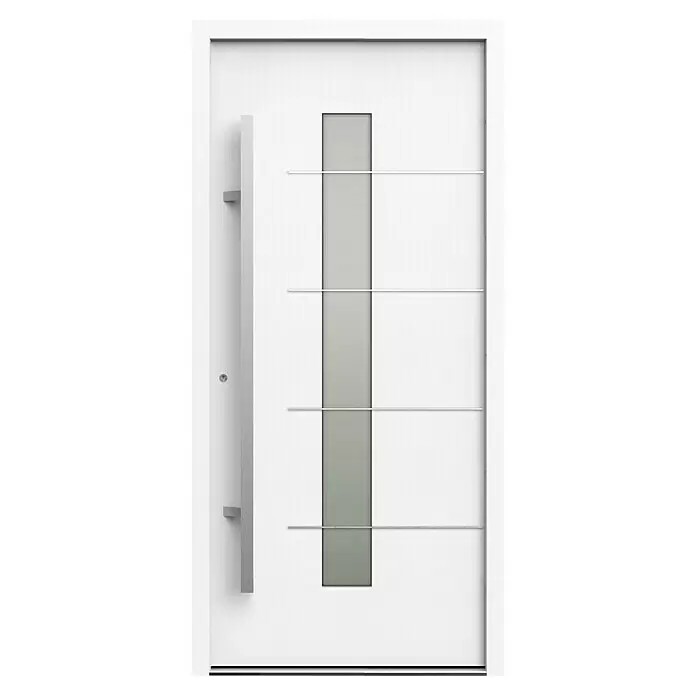 Gerda Haustür Thermo Prime 75 Ulm - 100 x 210 cm, DIN Anschlag: Links, Weiß, Details in Edelstahl - Moderne weiße Haustür mit vertikaler Milchglasscheibe, horizontalen Aluminium-Akzenten und langem Stangengriff.