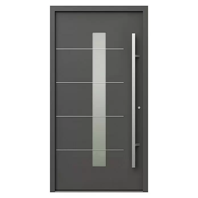 Gerda Haustür Thermo Prime 75 Ulm - 110 x 210 cm, DIN Anschlag: Rechts, Anthrazitgrau, Details in Edelstahl - Dunkelgraue moderne Eingangstür mit vertikalem Milchglaseinsatz, vier horizontalen Metallleisten und langem vertikalen Metallgriff.