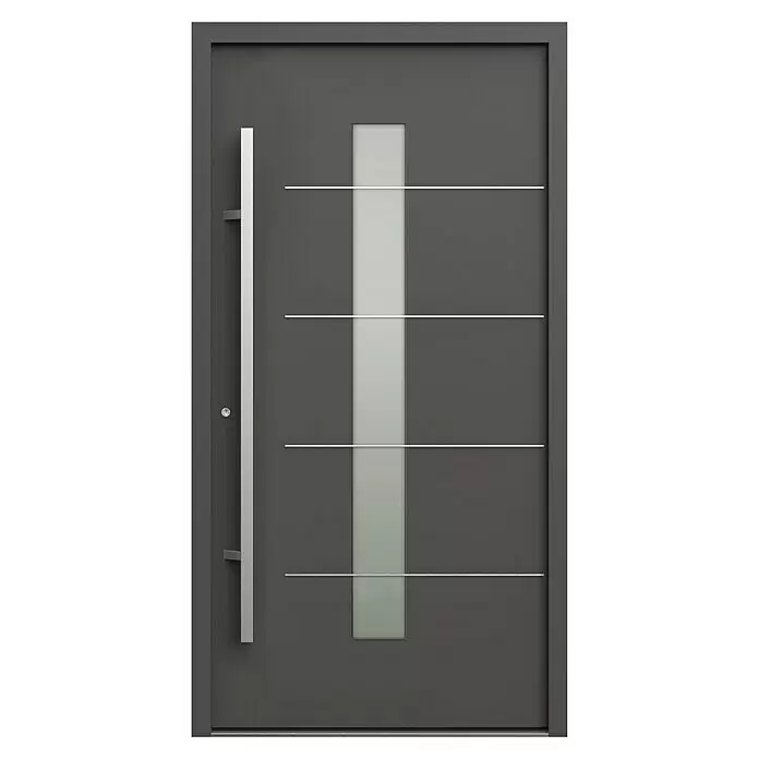 Gerda Haustür Thermo Prime 75 Ulm - 110 x 210 cm, DIN Anschlag: Links, Anthrazitgrau, Details in Edelstahl - Moderne anthrazitfarbene Eingangstür mit vertikalem Milchglaseinsatz, langem silbernem Stangengriff und horizontalen Zierleisten.