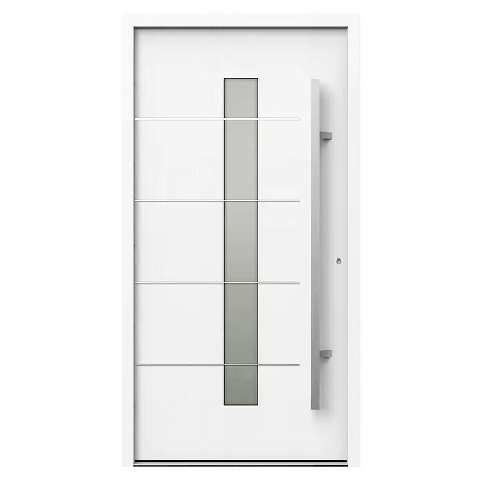 Gerda Haustür Thermo Prime 75 Ulm - 110 x 210 cm, DIN Anschlag: Rechts, Weiß, Details in Edelstahl - Moderne weiße Eingangstür mit vertikalem Milchglaseinsatz, fünf horizontalen Metallakzenten und langem silbernem Griff.