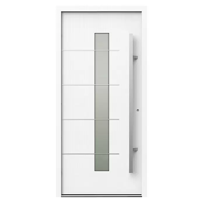 Gerda Haustür Thermo Prime 75 Ulm - 100 x 210 cm, DIN Anschlag: Rechts, Weiß, Details in Edelstahl - Moderne weiße Haustür mit vertikalem Milchglaspanel, vier horizontalen Metallakzenten und langem Stangengriff.