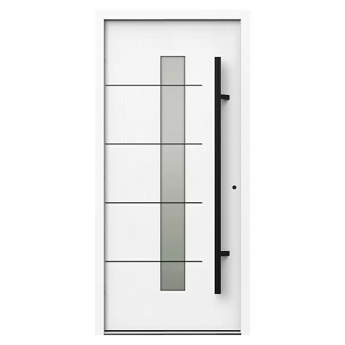 Gerda Haustür Thermo Prime 75 Ulm - 100 x 210 cm, DIN Anschlag: Rechts, Weiß, Schwarze Details - Moderne weiße Eingangstür mit vertikalem Milchglaseinsatz und schwarzem Stangengriff.