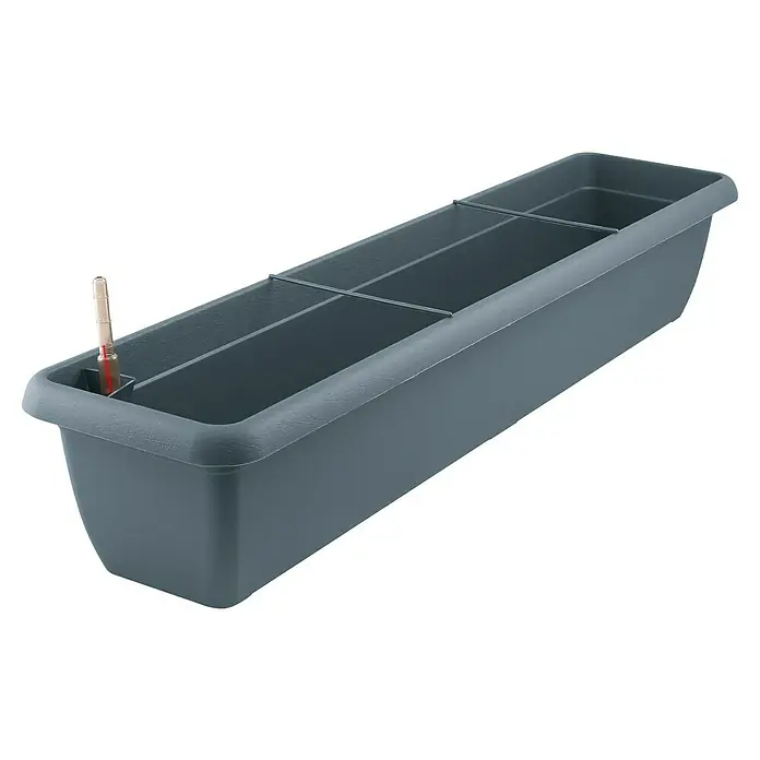 Geli Bewässerungsbalkonkasten Aqua Andalucia - Max. Außenlänge: 100 cm, Anthrazit - Eine graue rechteckige Pflanzkasten mit einem Thermometer an der Seite, ideal für Balkone oder Fensterbänke. Perfekt für Kräuter und Blumen.