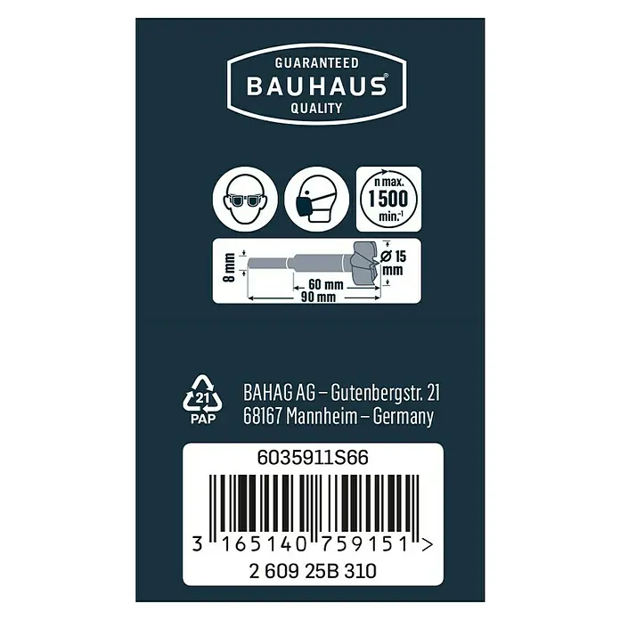 Craftomat Holzbohrer - 1 Stk., Durchmesser Bohrer: 15 mm - Produktverpackung mit Bauhaus-Qualitätsgarantie, Abmessungen, Sicherheitshinweisen und Barcode.