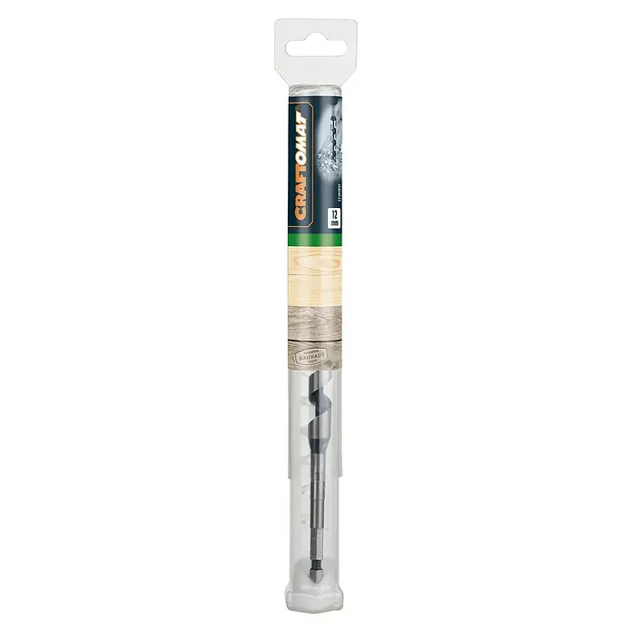 Craftomat Holzbohrer - 1 Stk., Durchmesser Bohrer: 12 mm, Arbeitslänge: 160 mm - Ein 12-mm-Holzbohrer von Craftomat, verpackt in einer transparenten Kunststoffhülle mit Aufhängevorrichtung.
