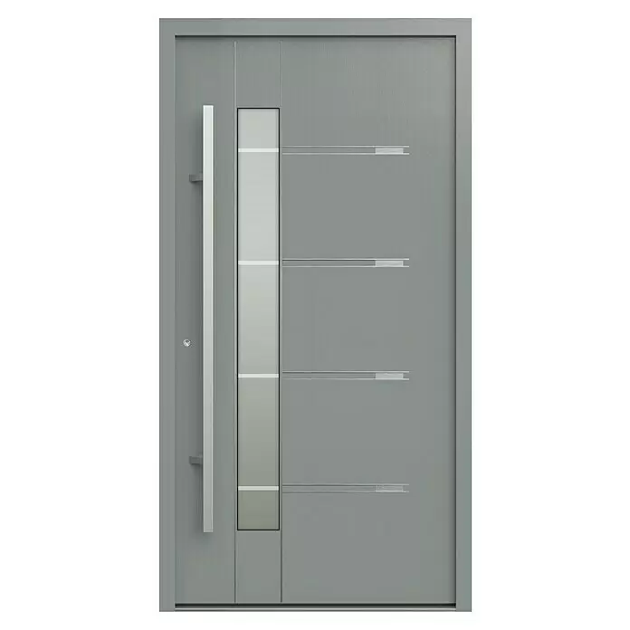 Gerda Haustür Thermo Prime 75 Roma - 110 x 210 cm, DIN Anschlag: Links, Grau, Details in Edelstahl - Moderne graue Haustür mit vertikaler Glasscheibe, langem silbernen Stangengriff und horizontalen Zierlinien.