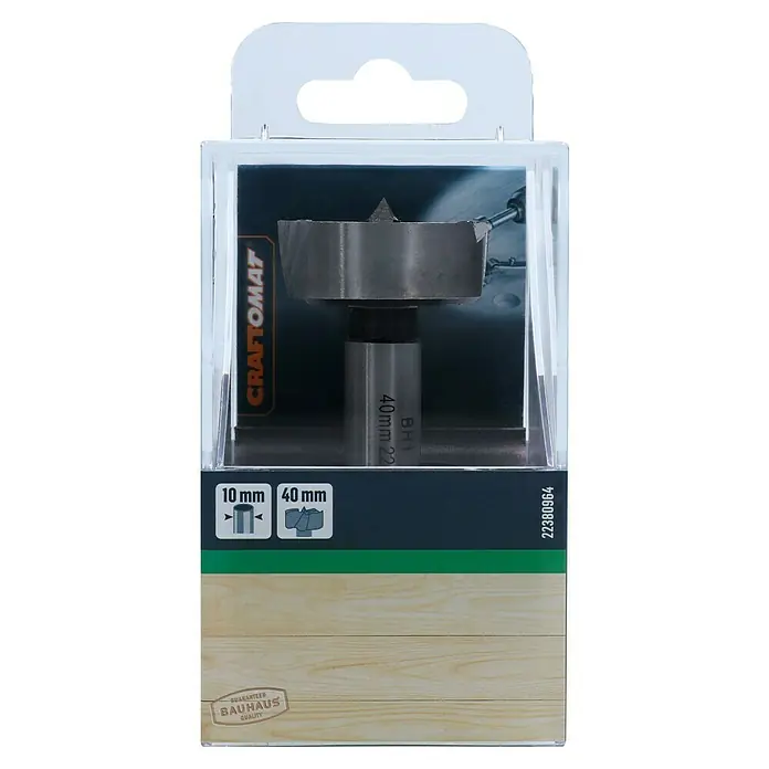 Craftomat Holzbohrer - 1 Stk., Durchmesser Bohrer: 40 mm - Ein 40-mm-Forstnerbohrer von Craftomat in einer transparenten Kunststoffverpackung mit Aufhänger. Ideal zum Bohren präziser Löcher in Holz.