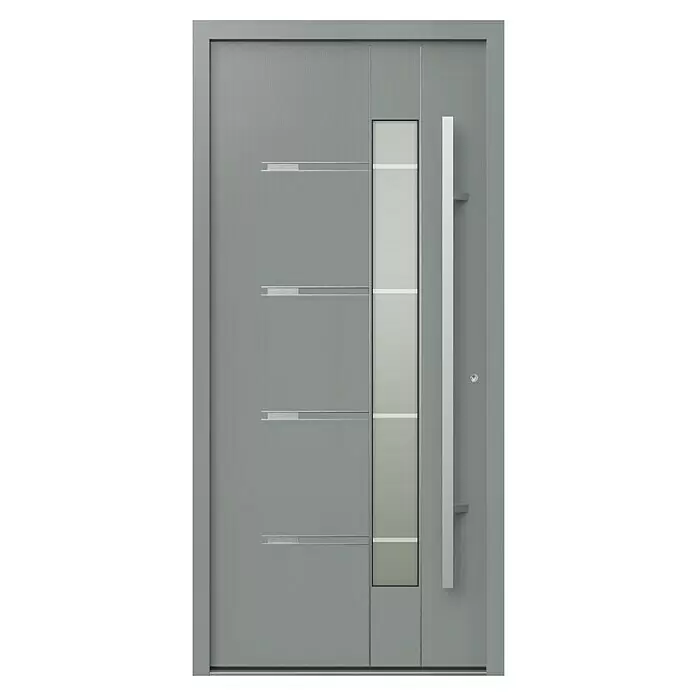 Gerda Haustür Thermo Prime 75 Roma - 100 x 210 cm, DIN Anschlag: Rechts, Grau, Details in Edelstahl - Moderne graue Haustür mit vertikalem Glaseinsatz, horizontalen Metallakzenten und langem Griff.