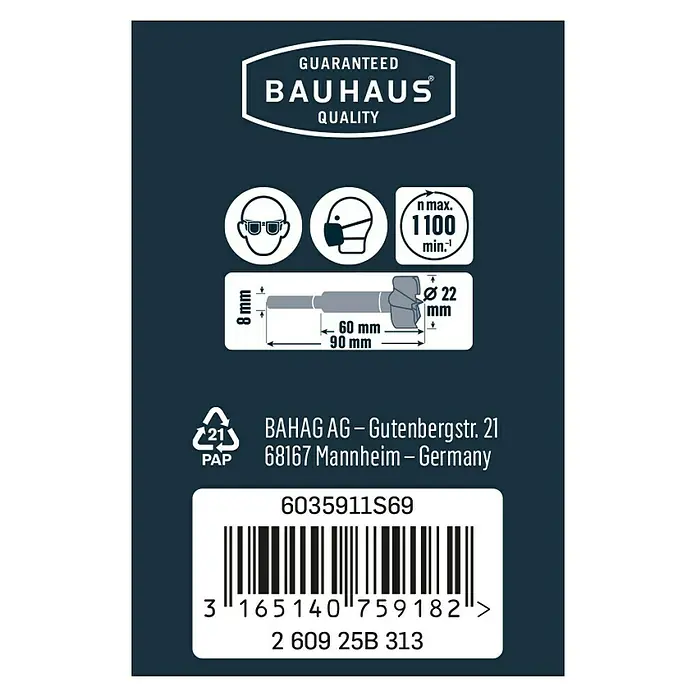 Craftomat Holzbohrer - 1 Stk., Durchmesser Bohrer: 22 mm - Produktetikett mit Informationen zu einem BAUHAUS-Bohrwerkzeug, einschließlich Abmessungen, Sicherheitsvorkehrungen und Barcode.