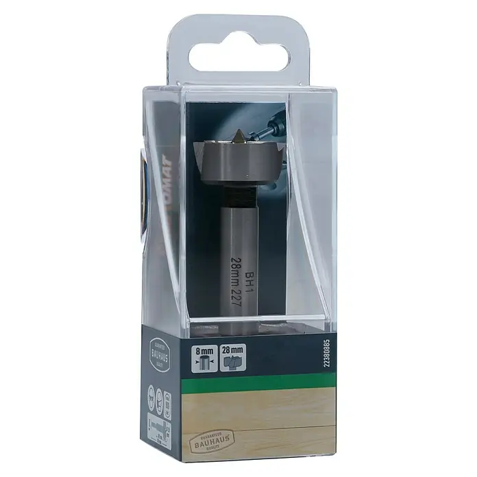 Craftomat Holzbohrer - 1 Stk., Durchmesser Bohrer: 28 mm - Ein 28 mm Forstnerbohrer der Marke Bauhaus, verpackt in einer transparenten Kunststoffverpackung mit Markenlogo und Größenangaben.