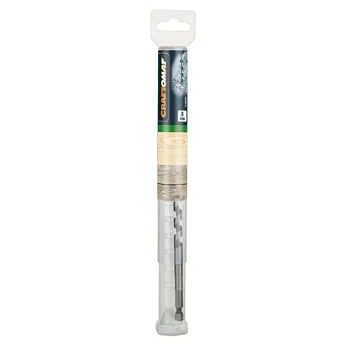 Craftomat Holzbohrer - 1 Stk., Durchmesser Bohrer: 8 mm, Arbeitslänge: 160 mm - Ein 8-mm Craftomat Holzbohrer in transparenter Verpackung, ideal für präzise Bohrarbeiten in Holz.