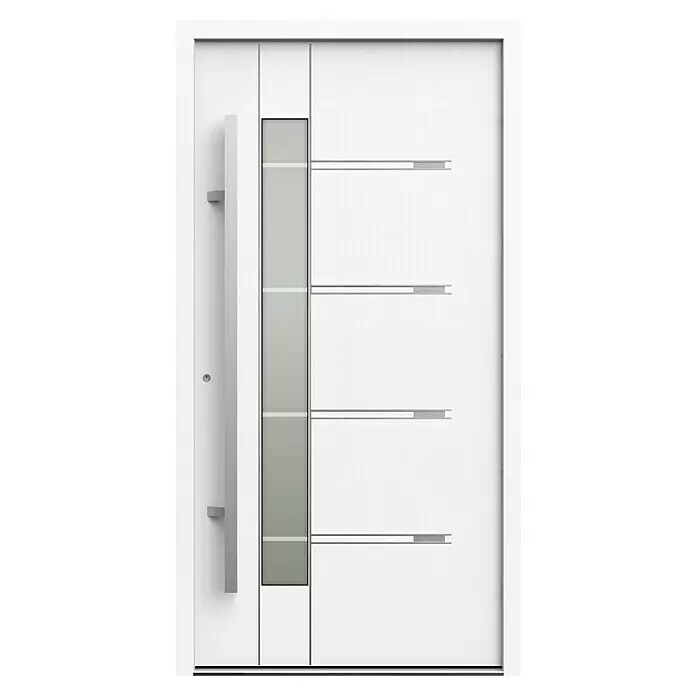 Gerda Haustür Thermo Prime 75 Roma - 110 x 210 cm, DIN Anschlag: Links, Weiß, Details in Edelstahl - Moderne weiße Haustür mit langem silbernem Stangengriff, vertikaler Mattglasscheibe und vier horizontalen silbernen Zierleisten.