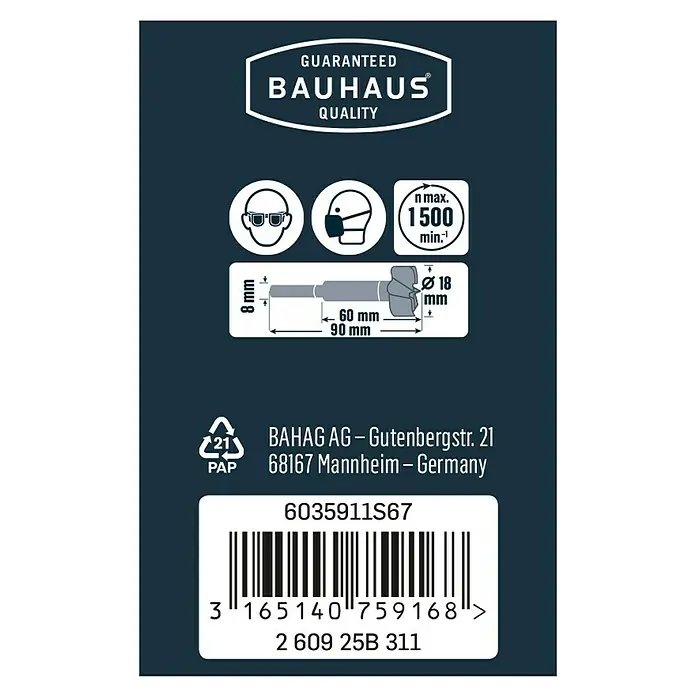 Craftomat Holzbohrer - 1 Stk., Durchmesser Bohrer: 18 mm - Abbildung einer Produktverpackung von Bauhaus mit Details zu Maßen, Sicherheitshinweisen und Barcode des Artikels.