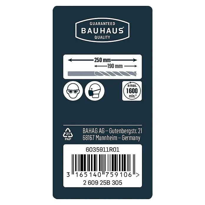 Craftomat Holzbohrer - Durchmesser Bohrer: 6 mm, Länge: 250 mm - Information auf der Verpackung eines Bauhaus-Bohrers mit Qualitätsgarantie, Abmessungen, Sicherheitsvorkehrungen und Barcode.