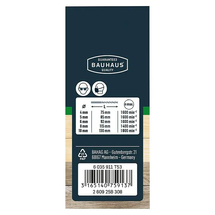 Craftomat Holzbohrer - 5 -tlg., Durchmesser Bohrer: 10 mm - Produktinformationen: Bauhaus Qualitätsbohrer mit Größenangaben, Drehzahl und Herstellerinformationen auf der Verpackung.