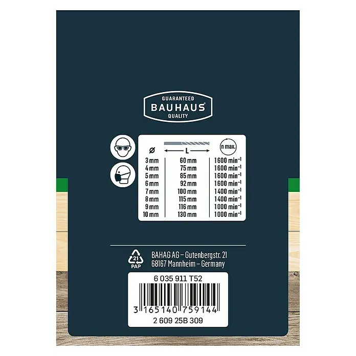 Craftomat Holzbohrer - 8 -tlg., Durchmesser Bohrer: 10 mm - Detailansicht der Bauhaus-Produktverpackung mit technischen Daten wie Durchmesser, Länge und maximaler Drehzahl.