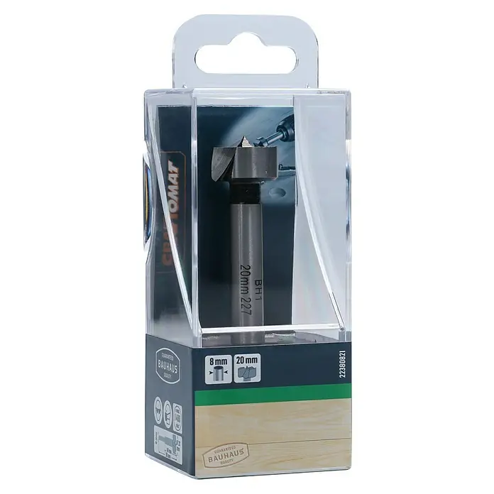 Craftomat Holzbohrer - 1 Stk., Durchmesser Bohrer: 20 mm - Forstnerbohrer 20 mm in transparenter Verpackung. Ideal für präzise Bohrungen in Holz, garantiert saubere Ergebnisse und hohe Qualität.