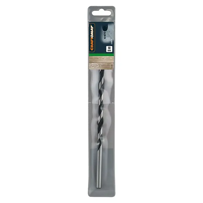 Craftomat Holzbohrer - Durchmesser Bohrer: 10 mm, Länge: 250 mm - Ein 10 mm Craftomat Holzbohrer in einer transparenten Kunststoffverpackung. Ideal zum Bohren von präzisen Löchern in Holz.