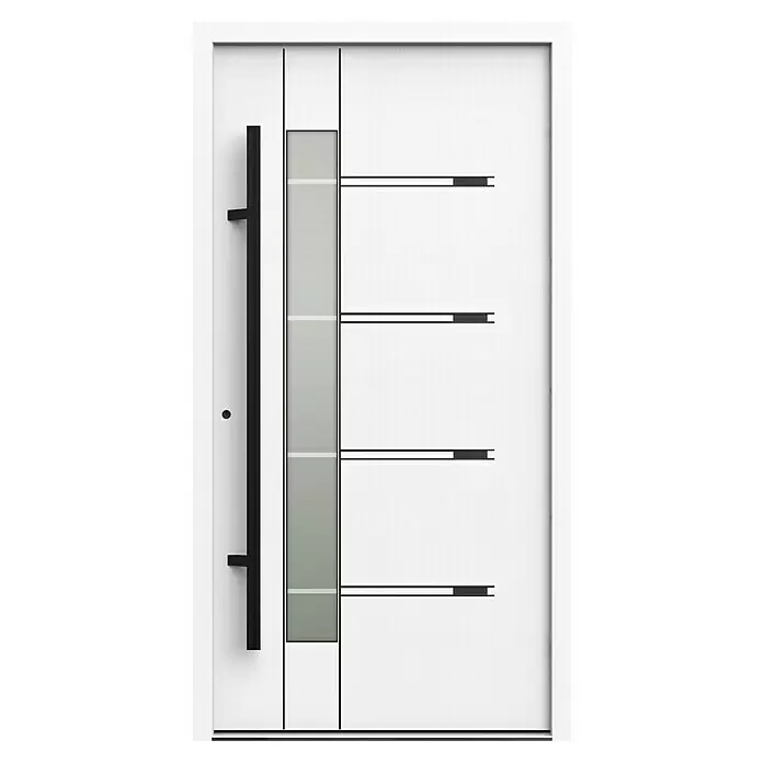 Gerda Haustür Thermo Prime 75 Roma - 110 x 210 cm, DIN Anschlag: Links, Weiß, Schwarze Details - Weiße, texturierte, moderne Eingangstür mit schwarzem Stangengriff, vertikalem Milchglas und schwarzen horizontalen Akzenten.