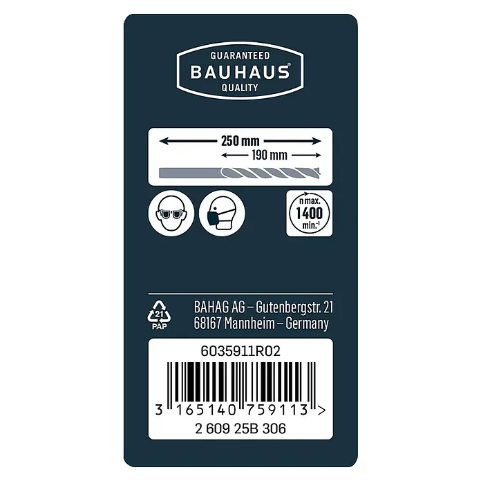 Craftomat Holzbohrer - Durchmesser Bohrer: 8 mm, Länge: 250 mm - Detailansicht einer Produktverpackung von Bauhaus, die Informationen zu Qualität, Abmessungen und Sicherheitsvorkehrungen bietet.