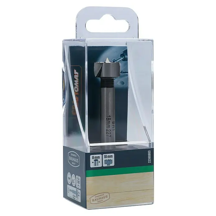 Craftomat Holzbohrer - 1 Stk., Durchmesser Bohrer: 18 mm - Nahaufnahme eines 18mm Holzbohrers von Bauhaus, verpackt in einer transparenten Kunststoffverpackung mit Aufhänger.