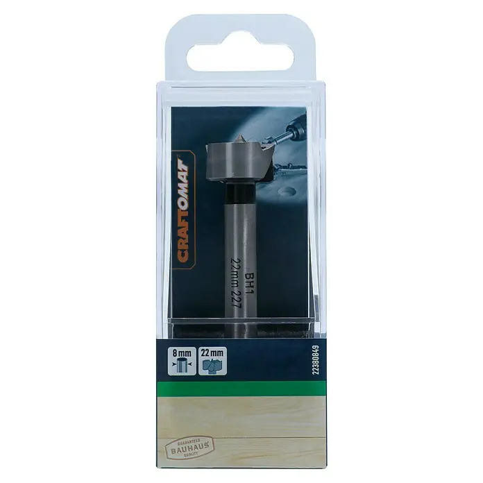 Craftomat Holzbohrer - 1 Stk., Durchmesser Bohrer: 22 mm - Nahaufnahme eines 22 mm Forstnerbohrers von Craftomat in einer transparenten Verpackung, ideal für präzise Holzarbeiten.