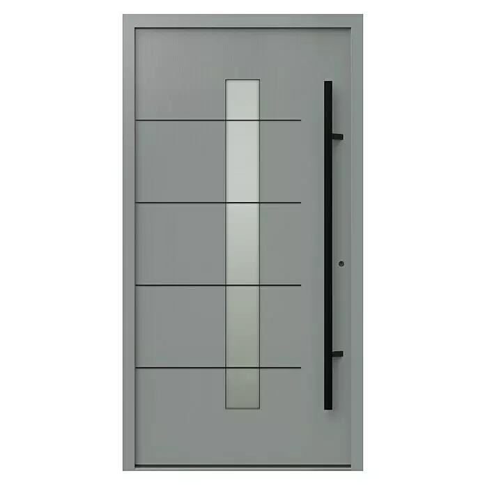 Gerda Haustür Thermo Prime 75 Ulm - 110 x 210 cm, DIN Anschlag: Rechts, Grau, Schwarze Details - Moderne graue Eingangstür mit vertikalem Glaseinsatz, schwarzen Querleisten und langem schwarzem Stangengriff.